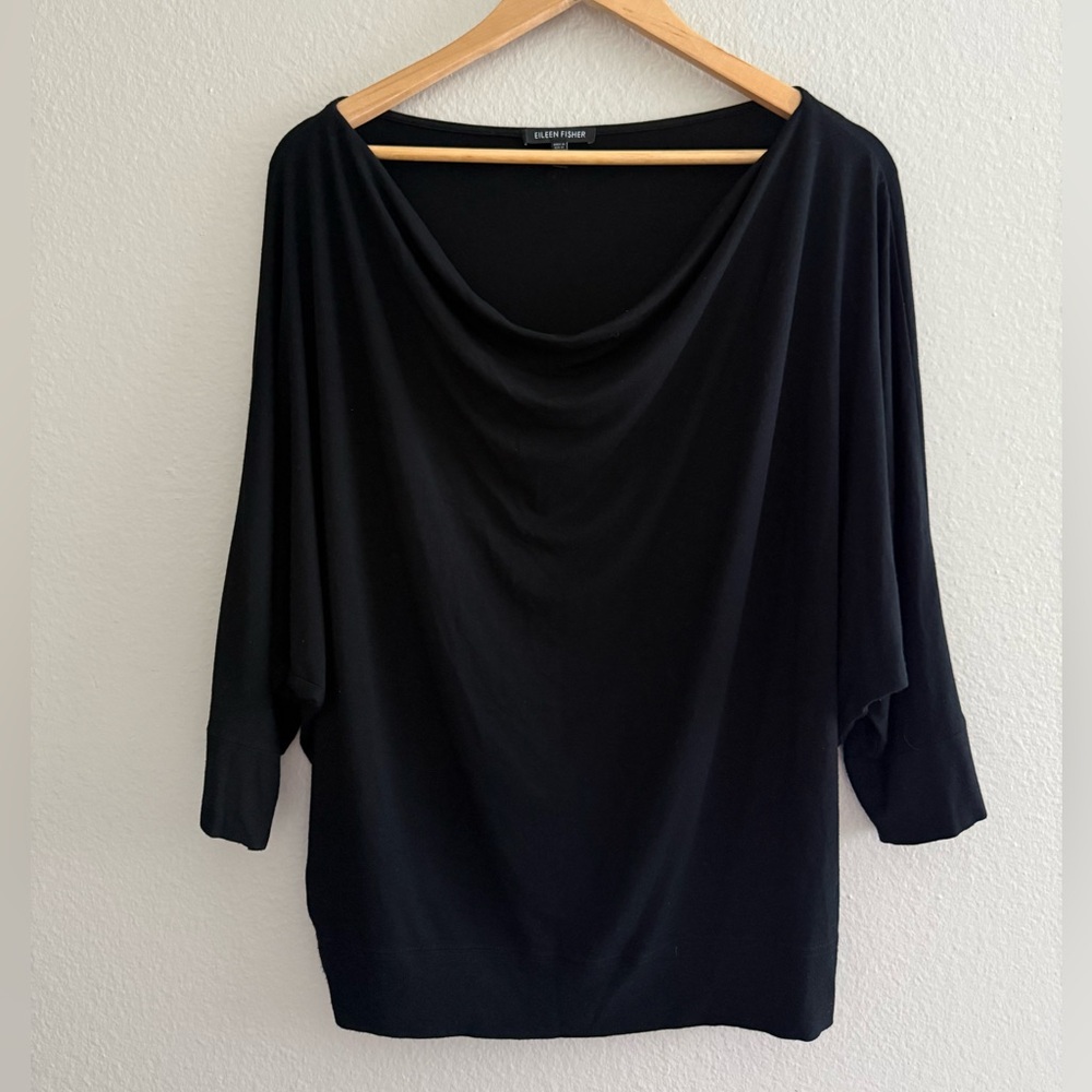 Eileen Fisher Black Cowl Neck Drape Neck Top in Medium 3/4 Sleeves